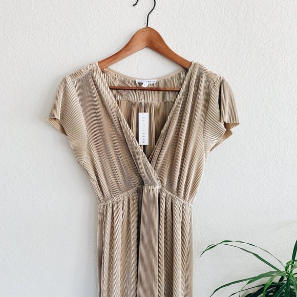 athena pleated maxi dress in gold